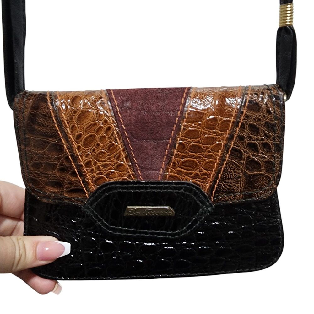 Le Toscane Leather Crossbody Purse Brown Black Croc Embossed Adjustable Strap